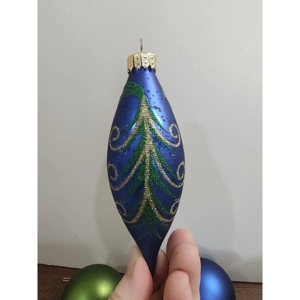 Glitter Peacock Feather Matte Green Blue Glass Christmas Ornament Lot Of 5 Vtg